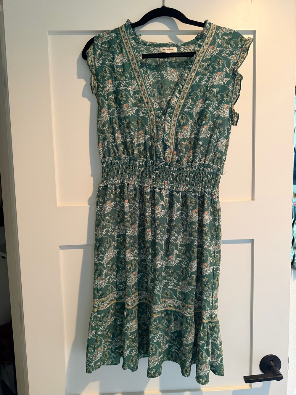 Max Studio Green Floral V-Neck Smocked Waist Dress
